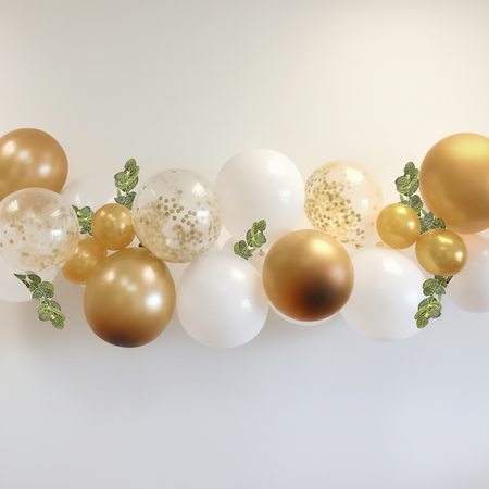 Gold White Confetti Balloon Garland with Eucalyptus Background
