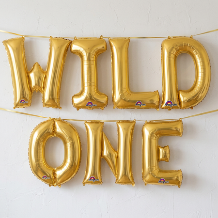 Gold WILD ONE balloons strung with gold ribbon across a white wall with soft light and shade, in square format