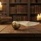 Golden Snitch on Dark Wood Table with Wizarding World Background