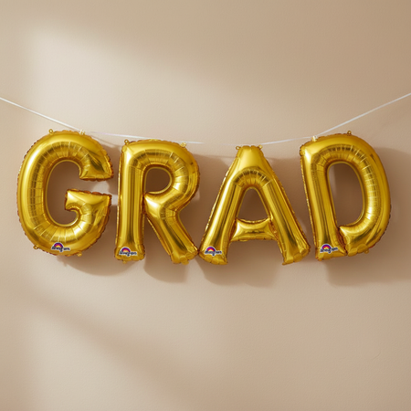 GRAD Gold Foil Balloons Hanging from Banner String