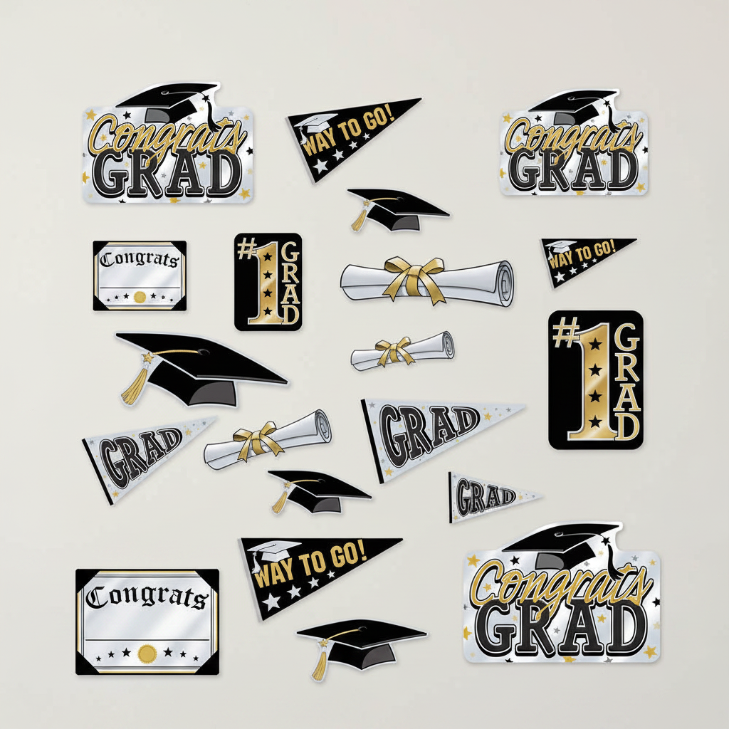 Black & Gold Graduation Card Cutout Decorations | Pack of 20 | Party Packs