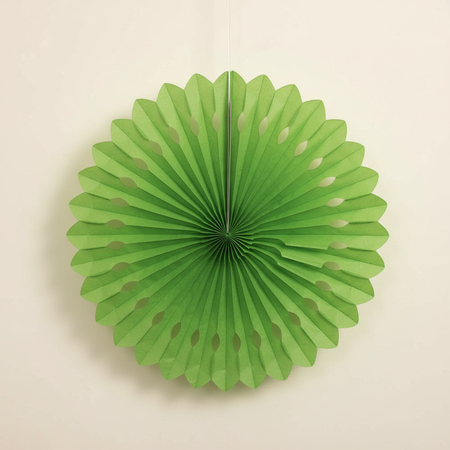 Green Tissue Fan Hanging Against Neutral Wall