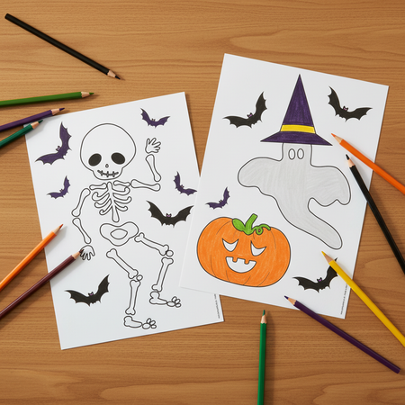 Halloween Colouring Sheets - Overhead Flat Lay with Pencils