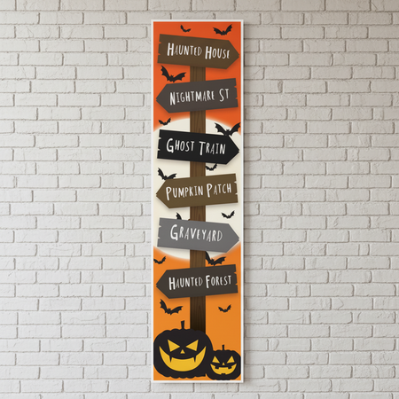 Halloween Signpost Portrait Banner on White Brick Wall