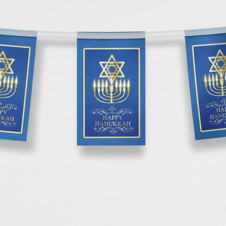 Hanukkah bunting with the translucent ribbon over the pennants