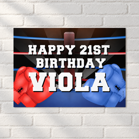 Happy 21st Birthday Viola boxing poster on a white brick wall