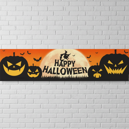 Happy Halloween Banner on White Brick Wall - No Pins