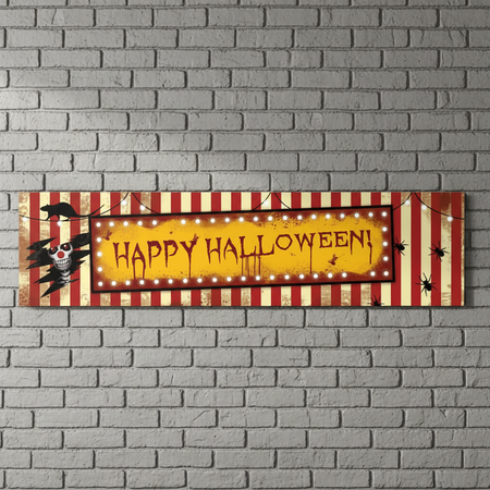 Happy Halloween Circus Banner on Grey Brick Wall
