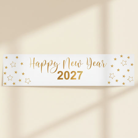 Happy New Year 2027 banner against a cream wall