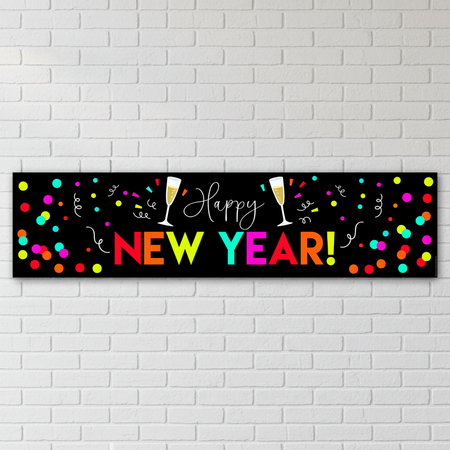 Happy New Year banner on a white brick wall