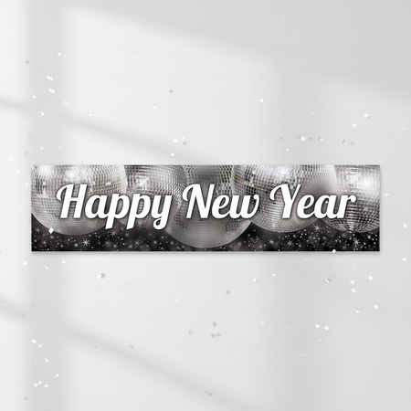 Happy New Year banner with disco-ball lighting