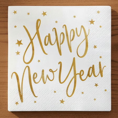 Happy New Year Gold and White Luncheon Napkins - 33cm - Pack of 20