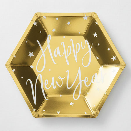 Happy New Year Gold Paper Plates - 20cm -Pack of 6