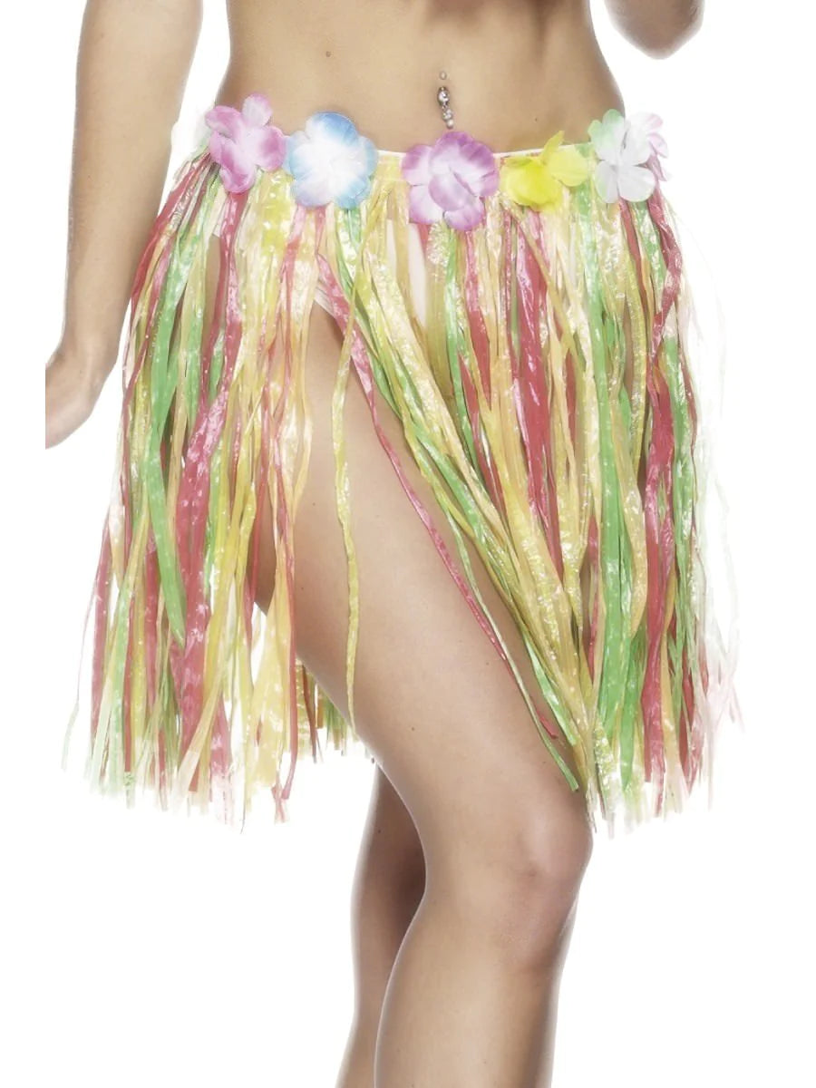 Multi Adult Grass Skirt With Flowers- 46cm