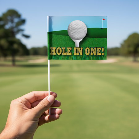 Hole In One Flag - Hand Holding with Golf Course Background