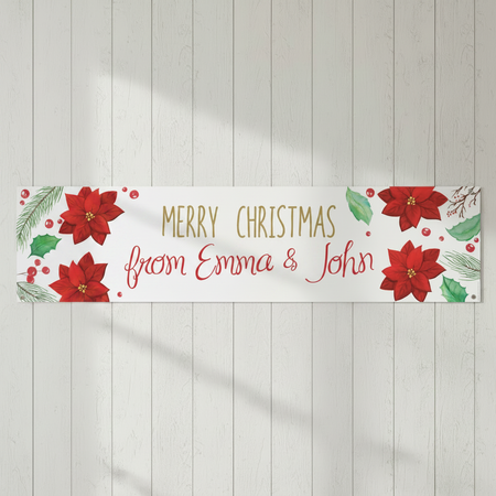 Holly & Poinsettia Christmas Banner on Off-White Wood Background