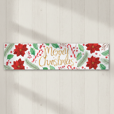 Holly & Poinsettia Merry Christmas Banner on Off-White Wood Background