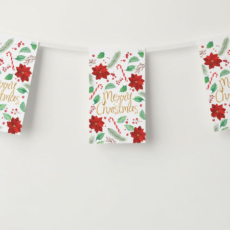 Holly & Poinsettia Merry Christmas Paper Flag Bunting Decoration - 2.4m