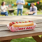 Hot dog in paper tray on picnic table
