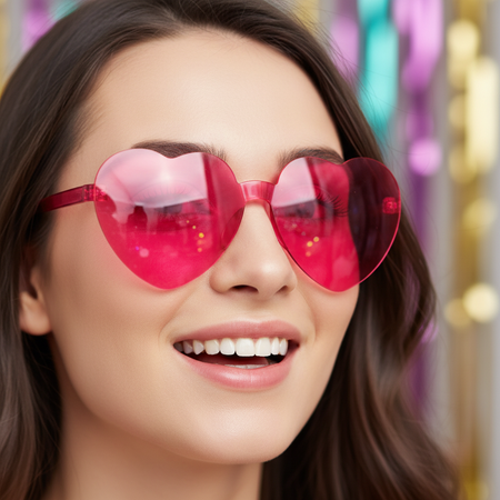 Hot Pink Heart Glasses worn close-up