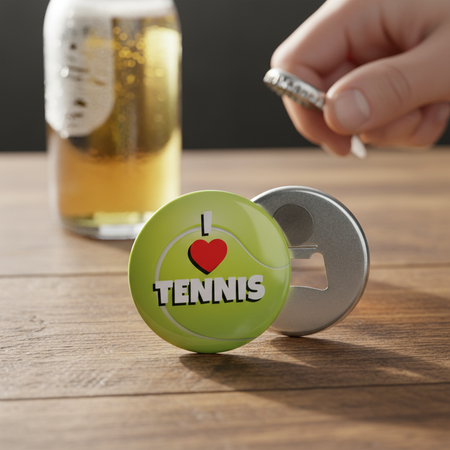 I Love Tennis Bottle Opener Lifestyle Close-Up on Table
