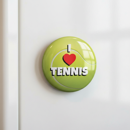 I Love Tennis Fridge Magnet Close-Up on White Fridge Door