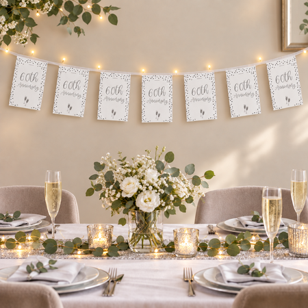 Diamond 60th anniversary rectangular paper bunting with thin white mesh binding displayed in an elegant party scene