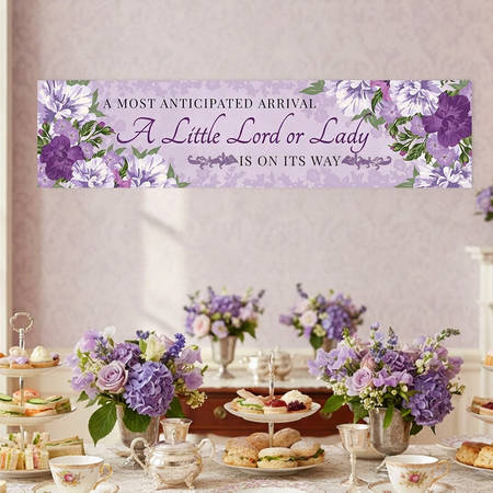 Purple floral A Little Lord or Lady baby shower banner reading IS ON ITS WAY above an afternoon tea table