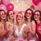 Group of women at a hen party wearing hot pink heart-shaped novelty sunglasses
