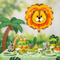 Lion face foil balloon floating above a jungle-themed children's birthday party table
