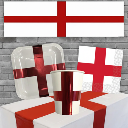 England St George's flag napkin in party table setting against brick wall