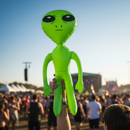 Inflatable Alien Held High at Music Festival Close Up