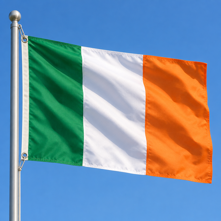 Irish flag attached to a flagpole through visible eyelets, close-up in square format
