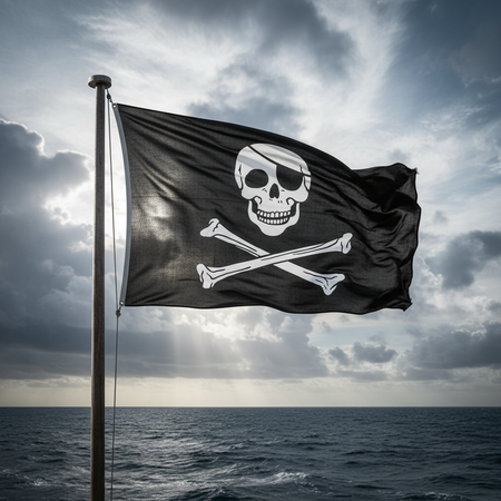 Jolly Roger Flag on Pole with Sky and Sea Background