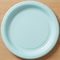 Light blue paper plate on a wood tabletop, shown close up from above in square format