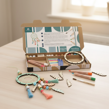 Make Your Own Dreamcatcher Kit on Wooden Table with Background