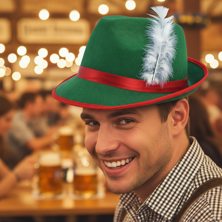 Man Wearing Green Tyrolean Hat at Oktoberfest