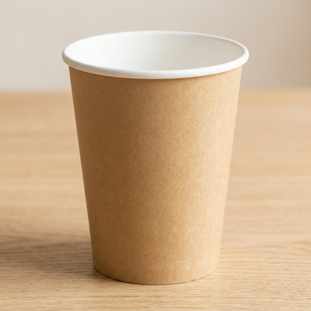 Natural kraft paper cup close up on a wood table with a neutral background, in square format