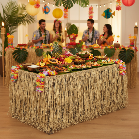 Natural Raffia Table Skirting in Tropical Party Setting