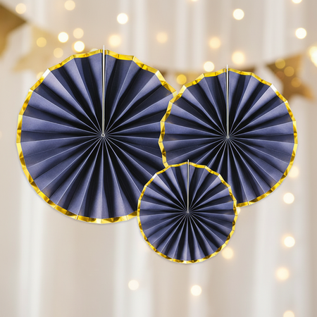 Navy and gold paper fans with background