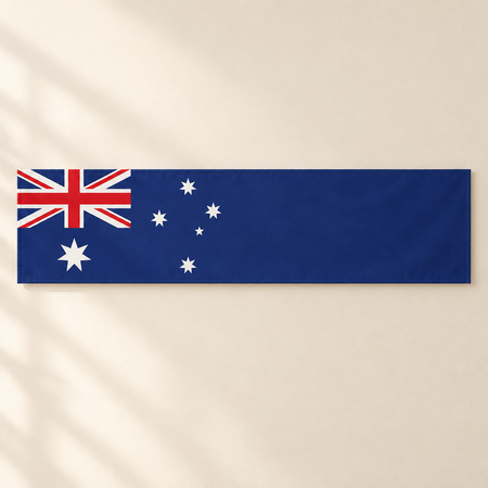 Navy Australian flag banner on a cream wall