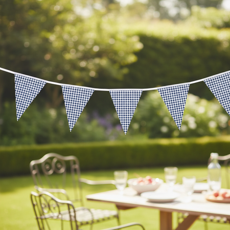 Navy blue gingham bunting in garden party setting