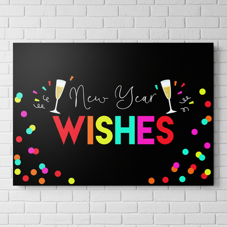 New Year Wishes poster on a white brick wall