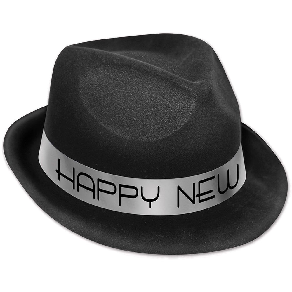 Black Happy New Year Flock Fedora Hat - Each