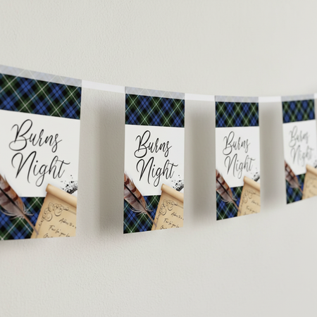 One length of blue tartan Burns Night bunting against a white wall