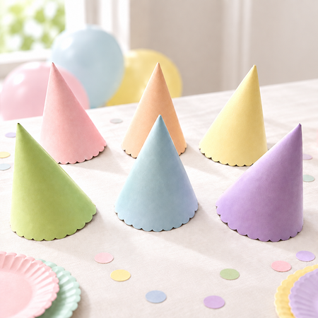 Pastel party hats on a clean birthday table without cake or flowers