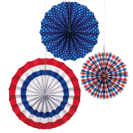Patriotic Red, White and Blue Accordion Paper Fans - Pack of 3
