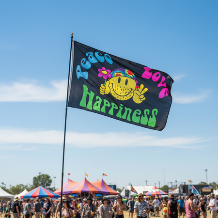 Peace Love Happiness Flag on Pole at Festival