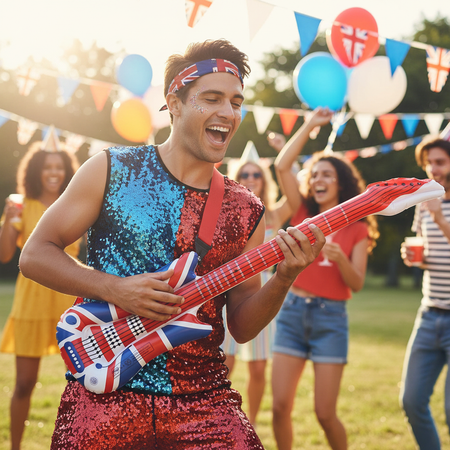 Person Air Guitaring with Union Jack Inflatable Guitar Daytime Party