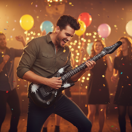 Person Playing Black Inflatable Rock and Roll Guitar at Party